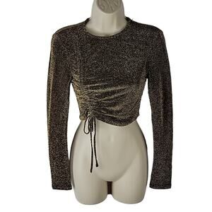 Wild Fable Black/Gold Sparkle Ruched Long Sleeve Crop Top, Size XS, NWT